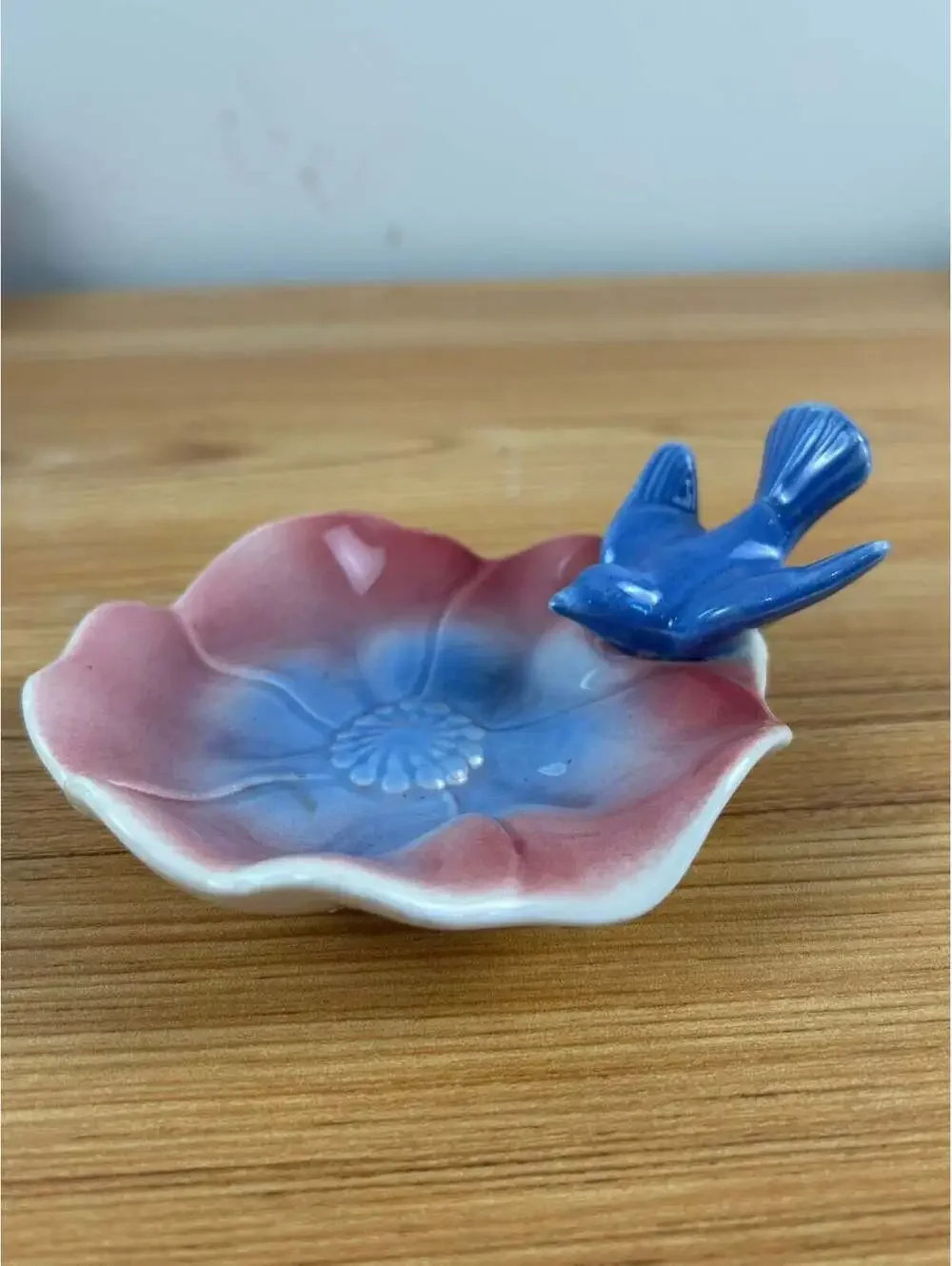 Royal Copely Vintage Art Pottery Blue Bird On Pink Lotus Flower Trinket Dish